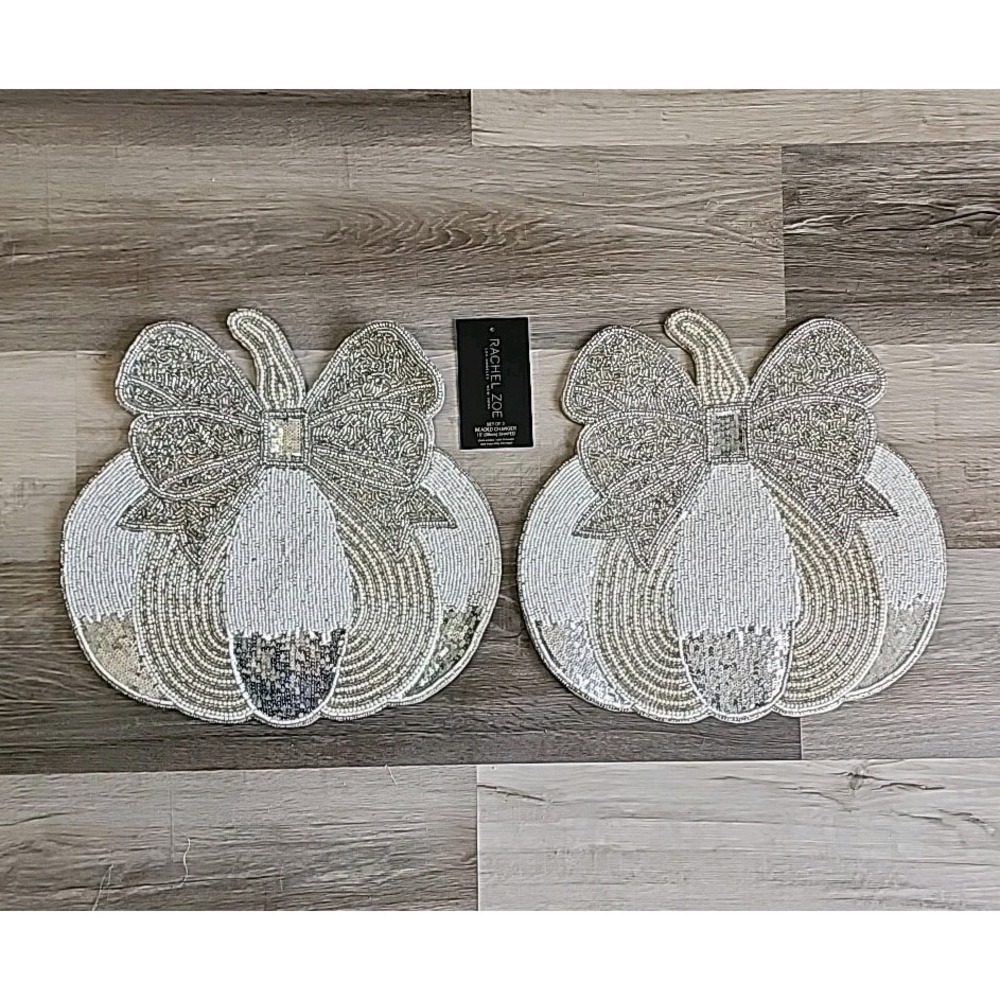 Rachel Zoe Thanksgiving Fall Pumpkin With Bow Beaded Placemats Chargers 2 Pc 15"